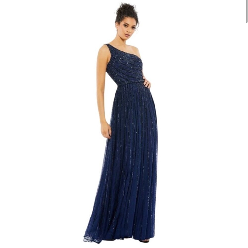 MAC DUGGAL Dress Size 16 Evening Gown Sequin Navy Blue One Shoulder NEW